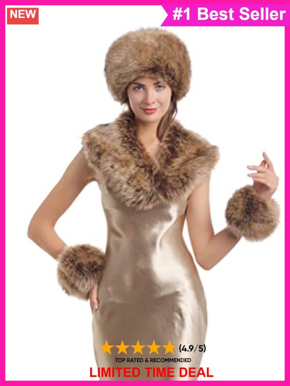 Faux Fur Hat Collar Scarf Wrist Cuffs 3 PC Set Winter Cold Weather